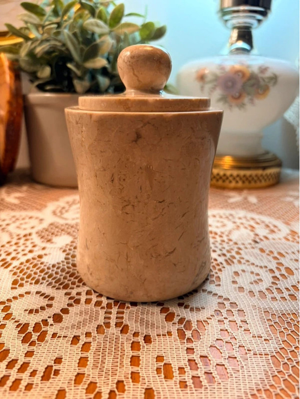 Creative Home Champagne Marble Fenway Cotton Ball Holder Canister 74588
